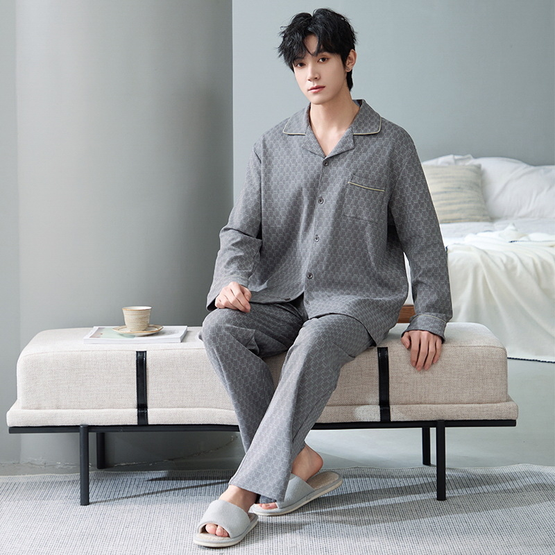Ανδρικό σετ πιτζάμες από 100% βαμβάκι, αντιβακτηριακό, με μακριά μανίκια και καρντγκάν, οικιακή ενδυμασία, μεσαίου πάχους 201–250 g/m²