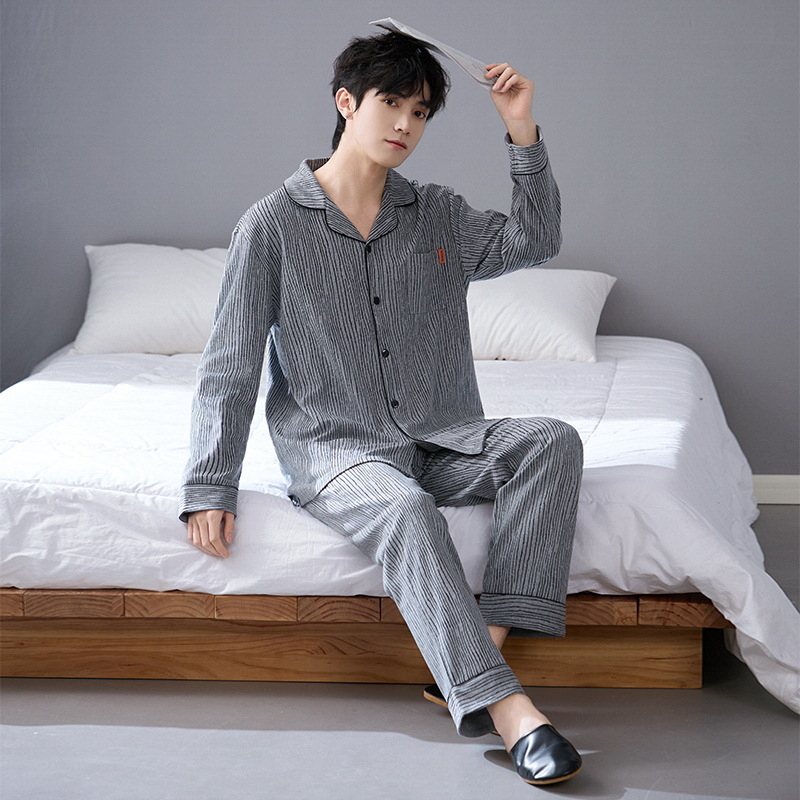 Ανδρικό σετ πιτζάμες από 100% βαμβάκι, αντιβακτηριακό, με μακριά μανίκια και καρντγκάν, οικιακή ενδυμασία, μεσαίου πάχους 201–250 g/m²