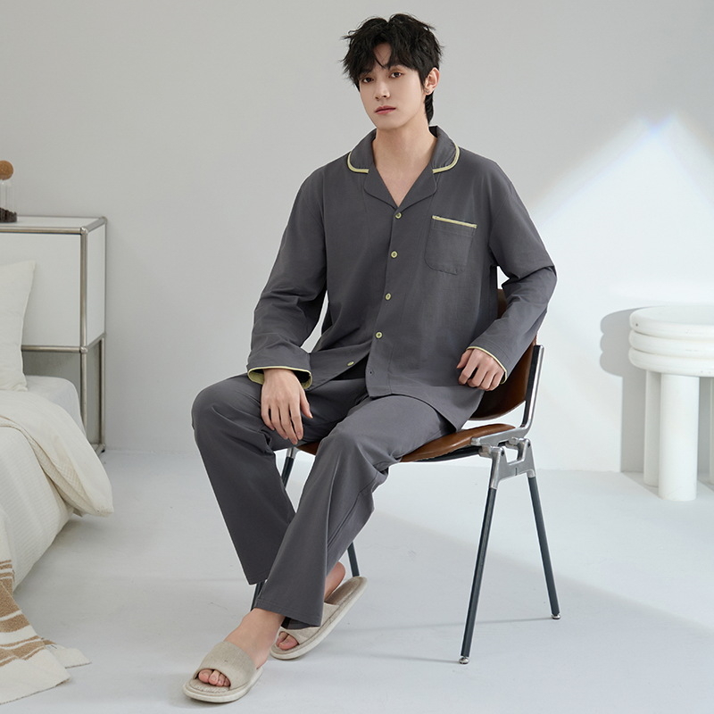 Ανδρικό σετ πιτζάμες από 100% βαμβάκι, αντιβακτηριακό, με μακριά μανίκια και καρντγκάν, οικιακή ενδυμασία, μεσαίου πάχους 201–250 g/m²