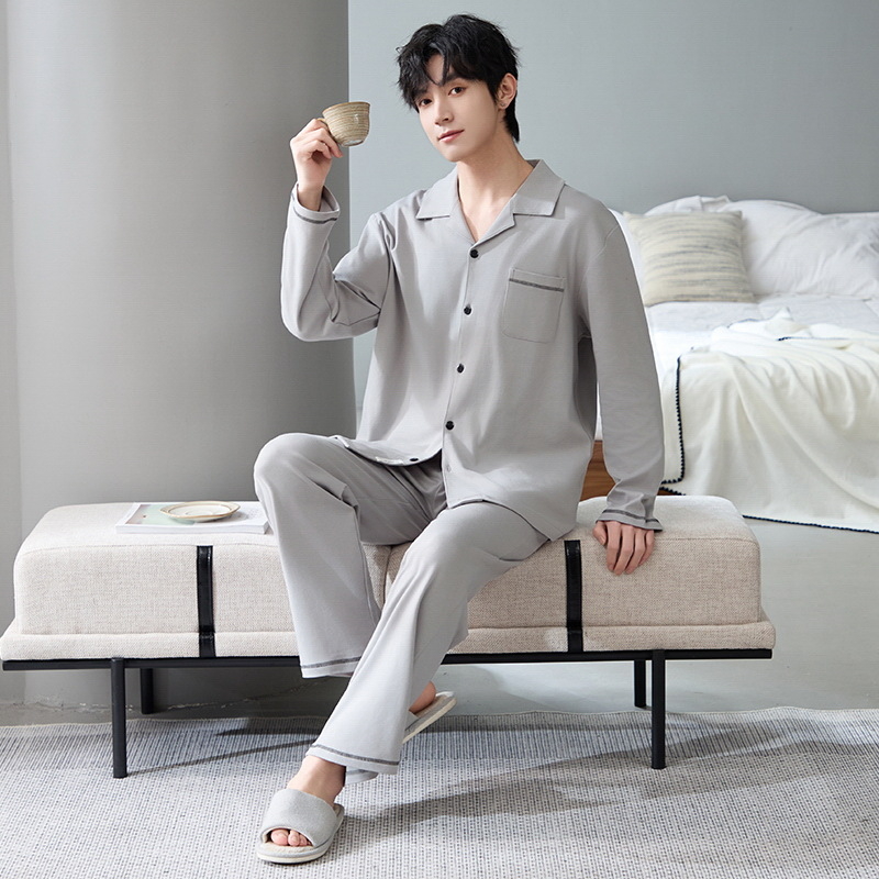Ανδρικό σετ πιτζάμες από 100% βαμβάκι, αντιβακτηριακό, με μακριά μανίκια και καρντγκάν, οικιακή ενδυμασία, μεσαίου πάχους 201–250 g/m²