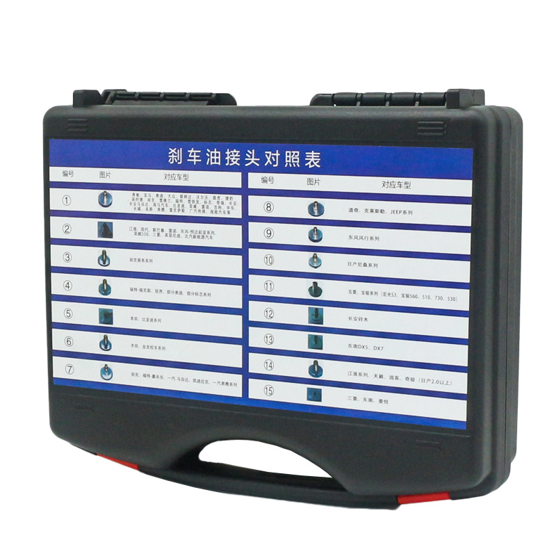 Stabdžių skysčio keitimo įrankių rinkinys su jungties adapteriu, metalinė konstrukcija, mašinų remontui