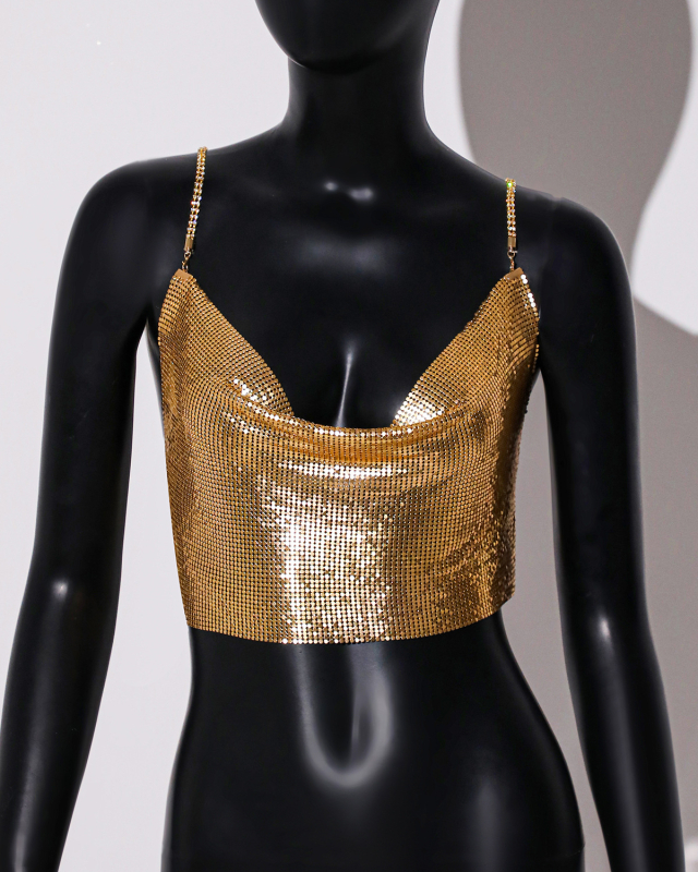 Metalni halter top sa šljokicama, stražnji dijamantni lanac, uski kroj, ultra kratka duljina ispod 40 cm, jednofarbni uzorak