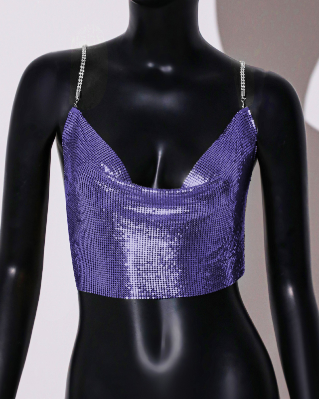 Metalni halter top sa šljokicama, stražnji dijamantni lanac, uski kroj, ultra kratka duljina ispod 40 cm, jednofarbni uzorak