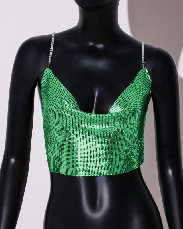 Metalni halter top sa šljokicama, stražnji dijamantni lanac, uski kroj, ultra kratka duljina ispod 40 cm, jednofarbni uzorak