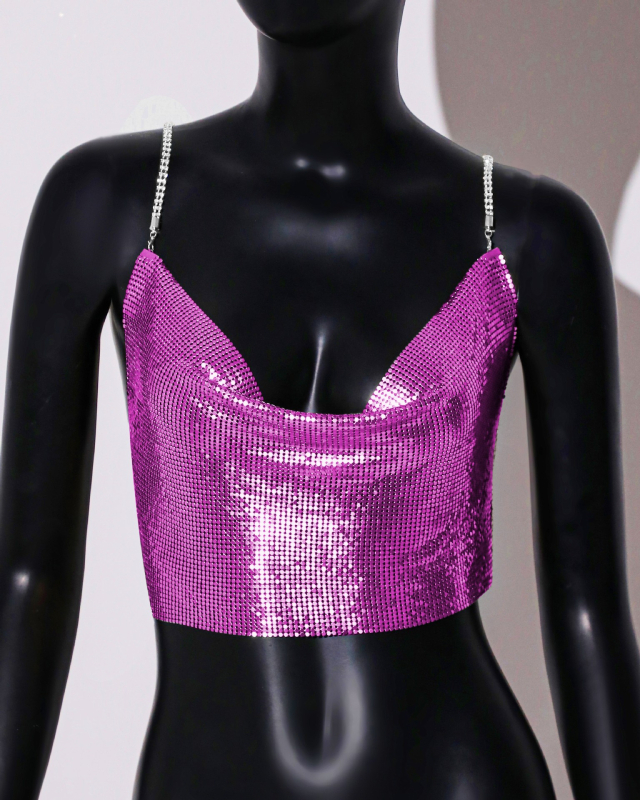 Metalni halter top sa šljokicama, stražnji dijamantni lanac, uski kroj, ultra kratka duljina ispod 40 cm, jednofarbni uzorak