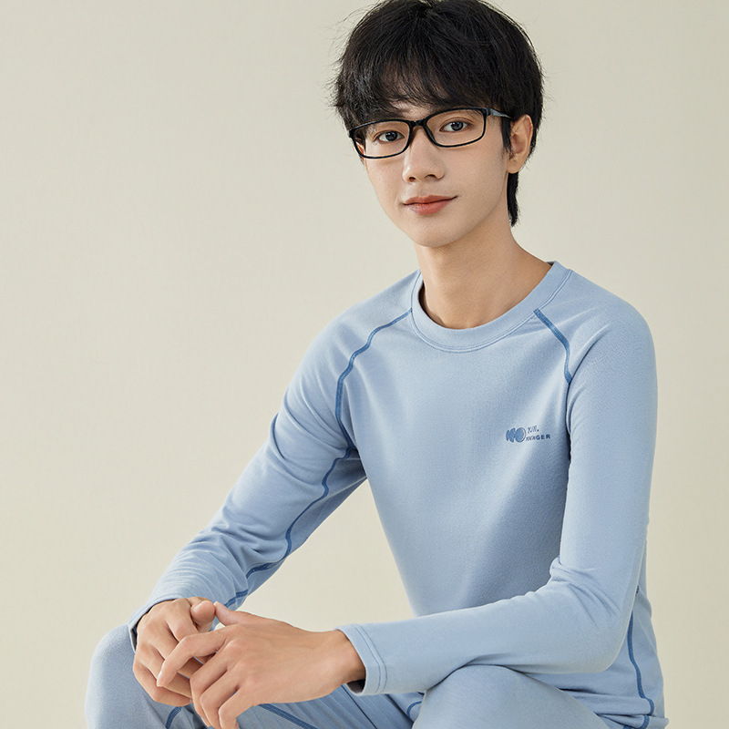 Férfi termikus alsó- és felső készlet őszre–télre, modal-pamut-spandex keverék, kerek nyak, hosszú ujjú, varratmentes alapréteg, egyrétegű, 201–250 g/m2