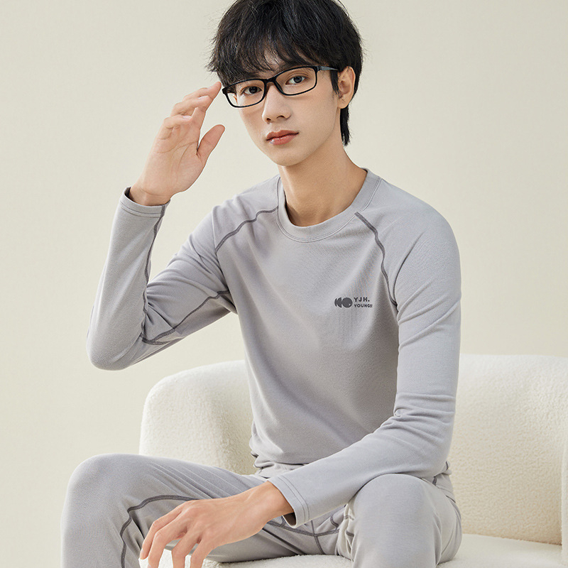 Férfi termikus alsó- és felső készlet őszre–télre, modal-pamut-spandex keverék, kerek nyak, hosszú ujjú, varratmentes alapréteg, egyrétegű, 201–250 g/m2