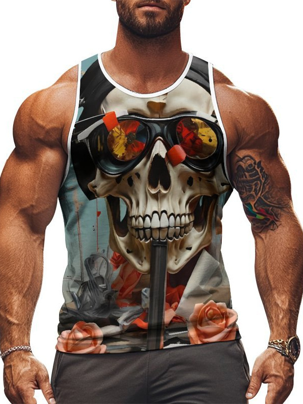 Férfi ujjatlan sportmellény nyomtatott mintával, 95% poliészter, 5% elasztán, karcsú fazon, nyár 2025