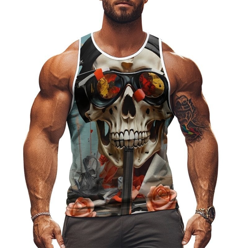 Férfi ujjatlan sportmellény nyomtatott mintával, 95% poliészter, 5% elasztán, karcsú fazon, nyár 2025