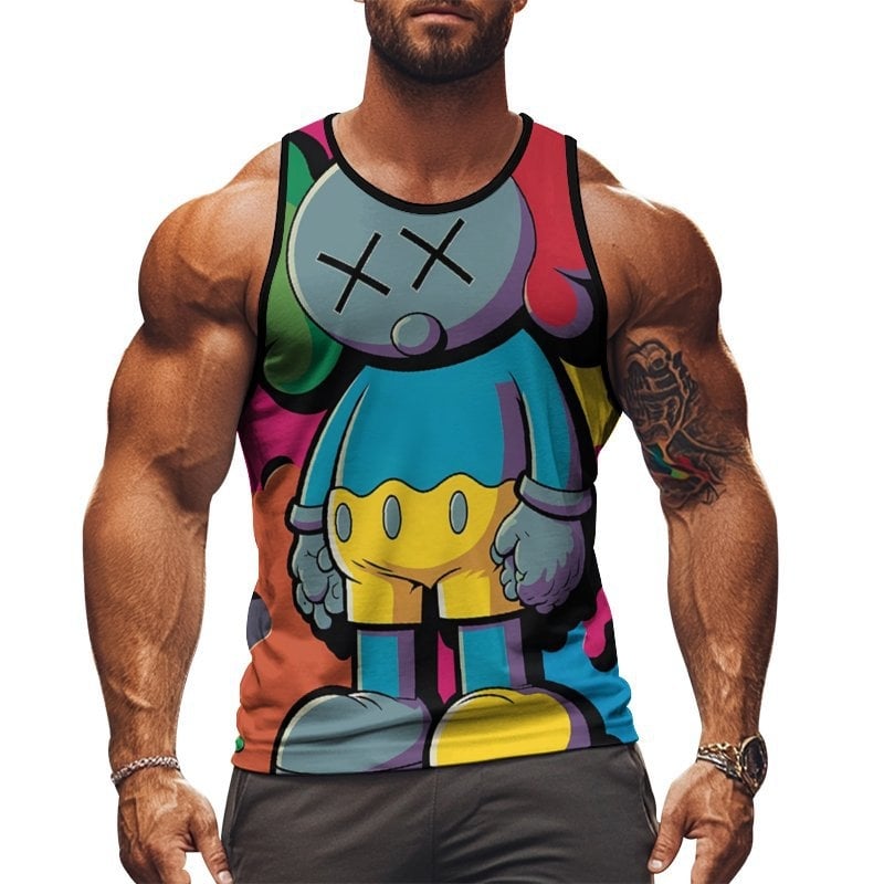 Férfi ujjatlan sportmellény nyomtatott mintával, 95% poliészter, 5% elasztán, karcsú fazon, nyár 2025