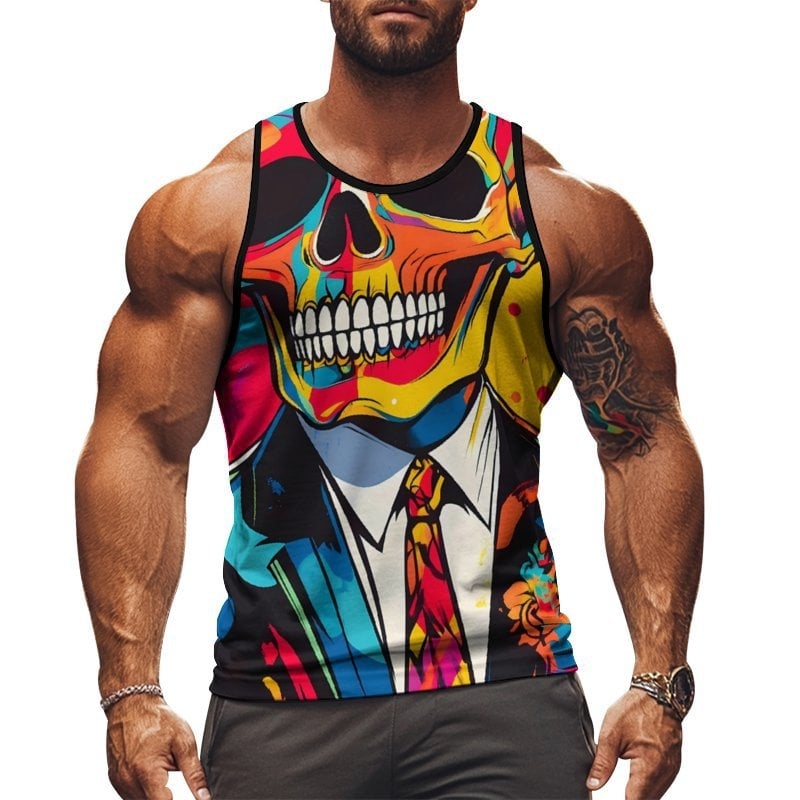 Férfi ujjatlan sportmellény nyomtatott mintával, 95% poliészter, 5% elasztán, karcsú fazon, nyár 2025