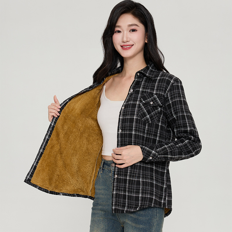 Ženska košulja s flis podstavom i karom, jesen-zima, uski kroj, dugi rukavi, ovratnik s reverom, patchwork stil, svestran ležerni top