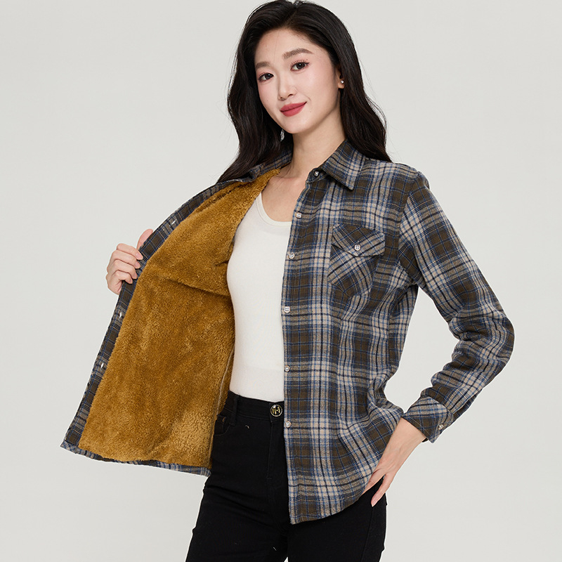 Ženska košulja s flis podstavom i karom, jesen-zima, uski kroj, dugi rukavi, ovratnik s reverom, patchwork stil, svestran ležerni top