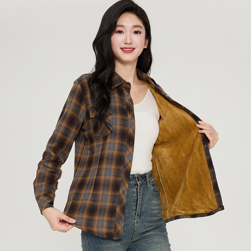 Ženska košulja s flis podstavom i karom, jesen-zima, uski kroj, dugi rukavi, ovratnik s reverom, patchwork stil, svestran ležerni top