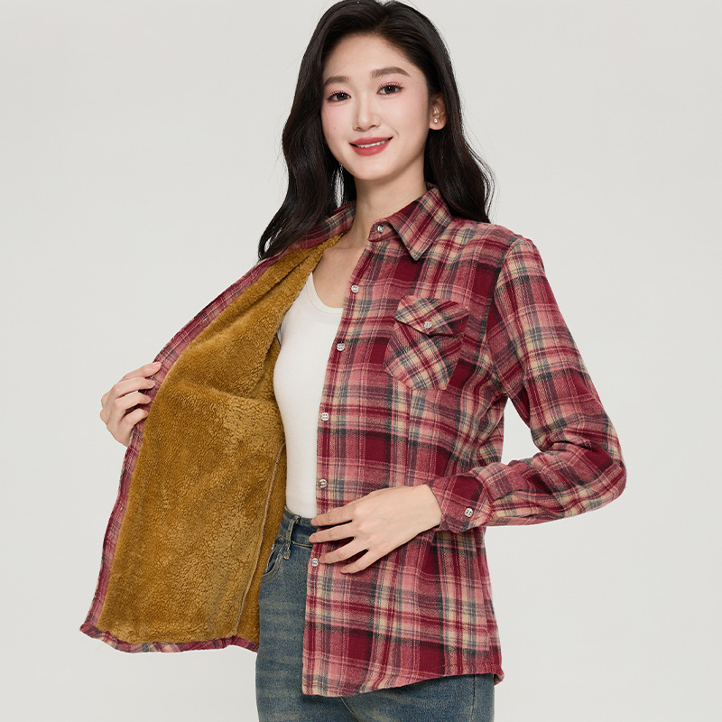 Ženska košulja s flis podstavom i karom, jesen-zima, uski kroj, dugi rukavi, ovratnik s reverom, patchwork stil, svestran ležerni top