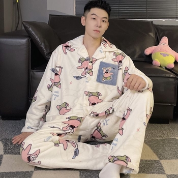 Muški flanel pijama set s dugim rukavima i kardiganom za jesen-zimu, topao i udoban za kućnu upotrebu i nošenje na otvorenom