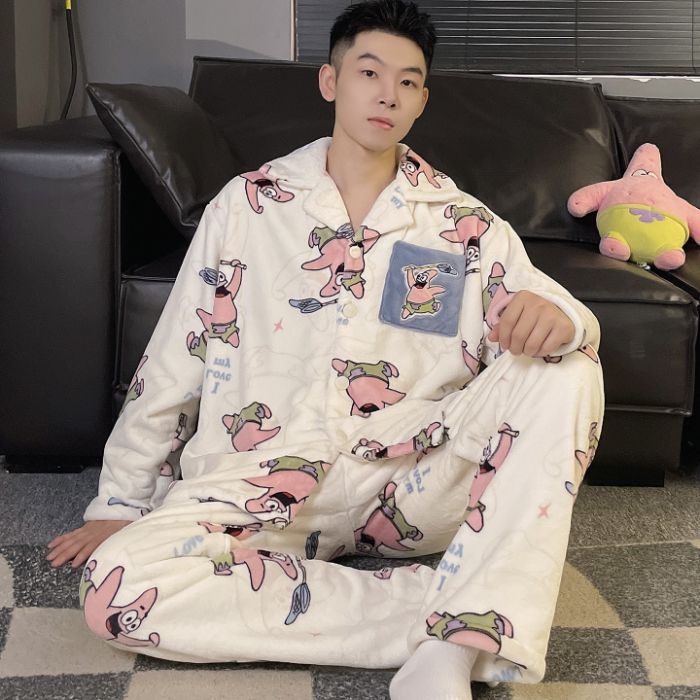 Muški flanel pijama set s dugim rukavima i kardiganom za jesen-zimu, topao i udoban za kućnu upotrebu i nošenje na otvorenom