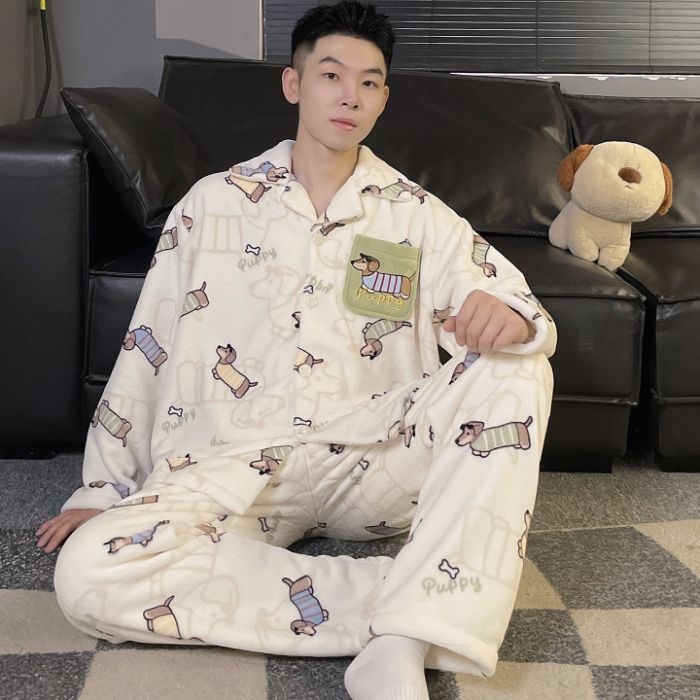 Muški flanel pijama set s dugim rukavima i kardiganom za jesen-zimu, topao i udoban za kućnu upotrebu i nošenje na otvorenom