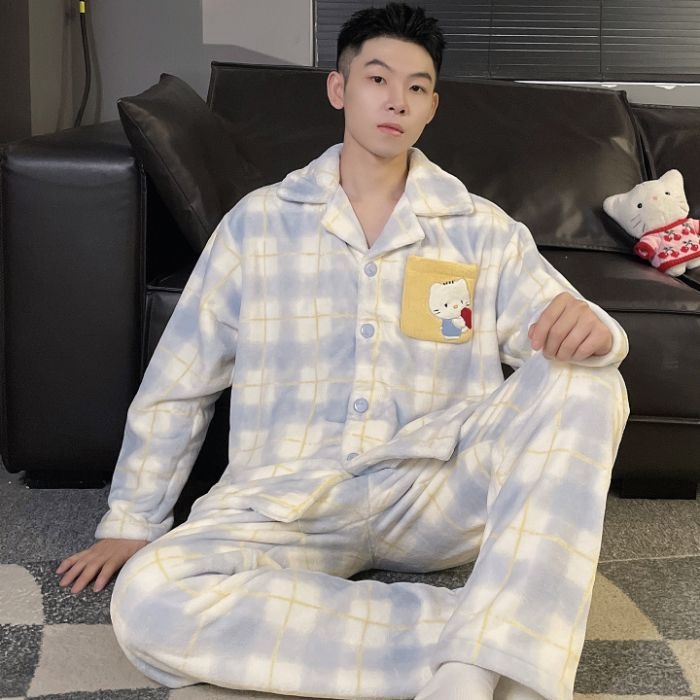 Muški flanel pijama set s dugim rukavima i kardiganom za jesen-zimu, topao i udoban za kućnu upotrebu i nošenje na otvorenom