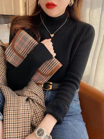 Pulover de damă cu căptușeală de fleece, din bumbac și PU, mâneci raglan, guler rotund, grosime medie