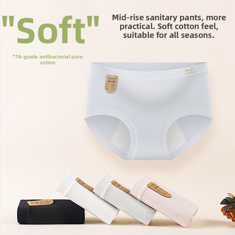 Dámske menštruačné nohavičky z bavlny s antibakteriálnou oblasťou, proti úniku, stredne vysoký pás, hlavný materiál 95% bavlna, podšívka 95% bavlna.