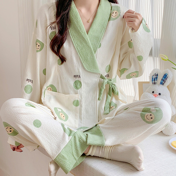 Po gimdymo slaugos kimono pižama — 90–95% medvilnė, plonas audinys (121–140 g/m2), ilgos rankovės, lengvi namų drabužiai pavasariui, vasarai ir rudeniui