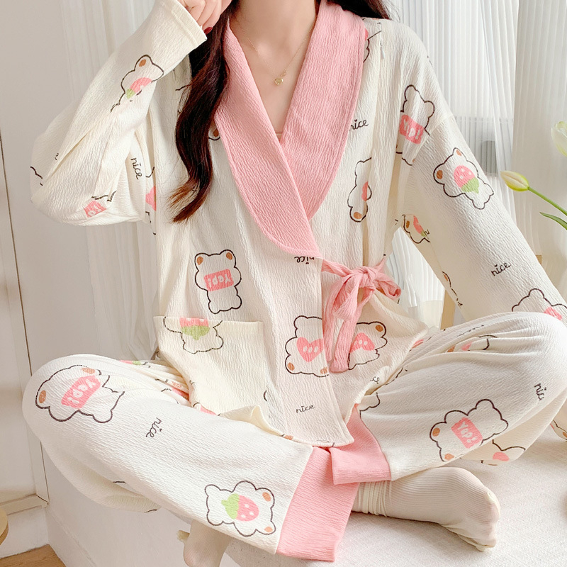 Po gimdymo slaugos kimono pižama — 90–95% medvilnė, plonas audinys (121–140 g/m2), ilgos rankovės, lengvi namų drabužiai pavasariui, vasarai ir rudeniui