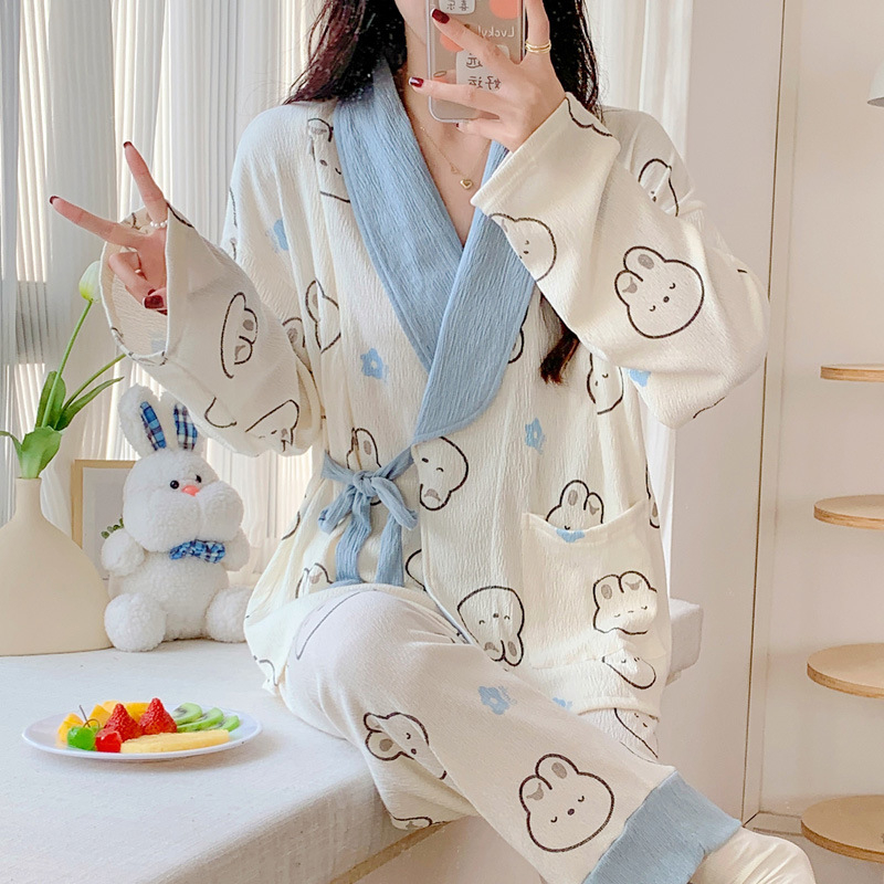 Po gimdymo slaugos kimono pižama — 90–95% medvilnė, plonas audinys (121–140 g/m2), ilgos rankovės, lengvi namų drabužiai pavasariui, vasarai ir rudeniui