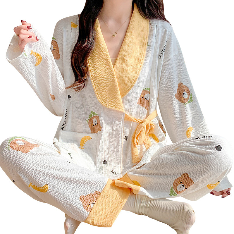 Po gimdymo slaugos kimono pižama — 90–95% medvilnė, plonas audinys (121–140 g/m2), ilgos rankovės, lengvi namų drabužiai pavasariui, vasarai ir rudeniui