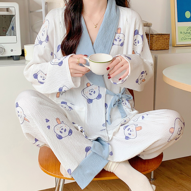 Po gimdymo slaugos kimono pižama — 90–95% medvilnė, plonas audinys (121–140 g/m2), ilgos rankovės, lengvi namų drabužiai pavasariui, vasarai ir rudeniui