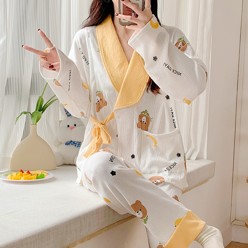 Po gimdymo slaugos kimono pižama — 90–95% medvilnė, plonas audinys (121–140 g/m2), ilgos rankovės, lengvi namų drabužiai pavasariui, vasarai ir rudeniui