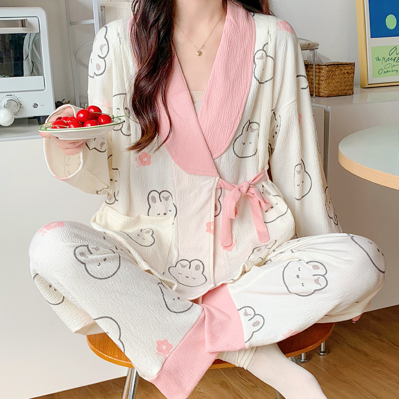 Po gimdymo slaugos kimono pižama — 90–95% medvilnė, plonas audinys (121–140 g/m2), ilgos rankovės, lengvi namų drabužiai pavasariui, vasarai ir rudeniui