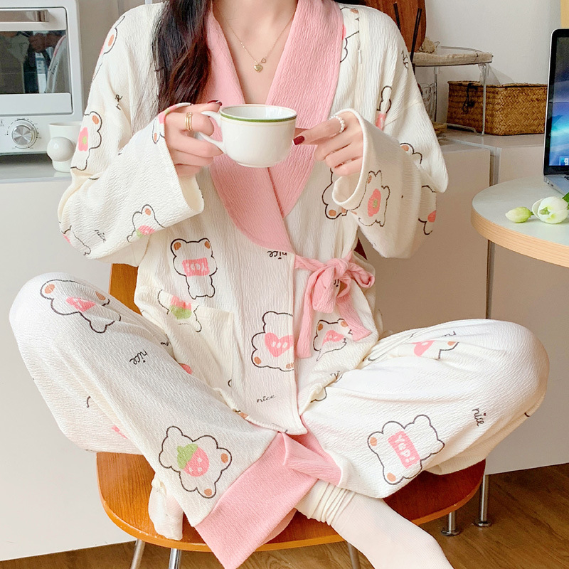 Po gimdymo slaugos kimono pižama — 90–95% medvilnė, plonas audinys (121–140 g/m2), ilgos rankovės, lengvi namų drabužiai pavasariui, vasarai ir rudeniui