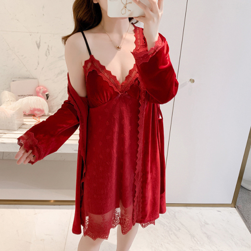 Pidžama set s čipkom od baršuna, Pure Desire stil, tkanina 201-250 g/m2, dugi rukavi