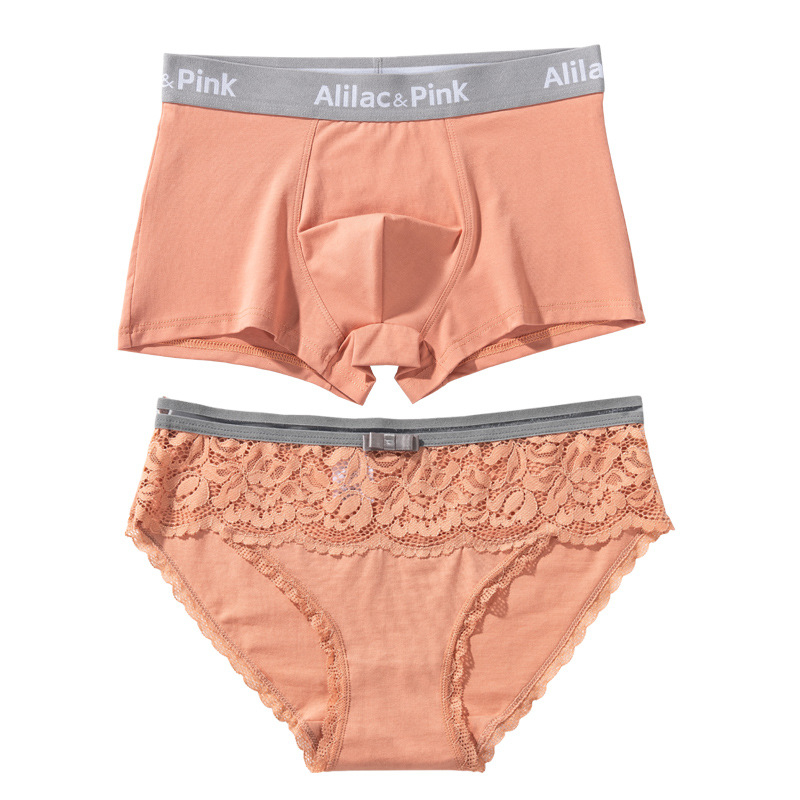 Δαντελένιο βαμβακερό σετ εσωρούχων για ζευγάρι, μεσαίας μέσης, μεγάλα μεγέθη — ανδρικά μποξέρ briefs και γυναικείες σλιπ, μαλακό