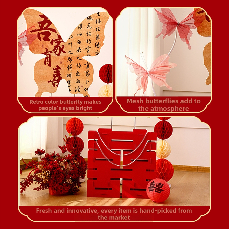 Set na výzdobu svadobného priestoru – pozadie s motýľovým panelom, papier a stuhy