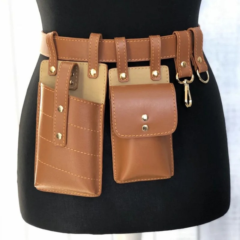 Srednjovjekovna kožna pojasna torba u steampunk retro stilu za cosplay i Halloween, s pretincem za novčanik i telefon