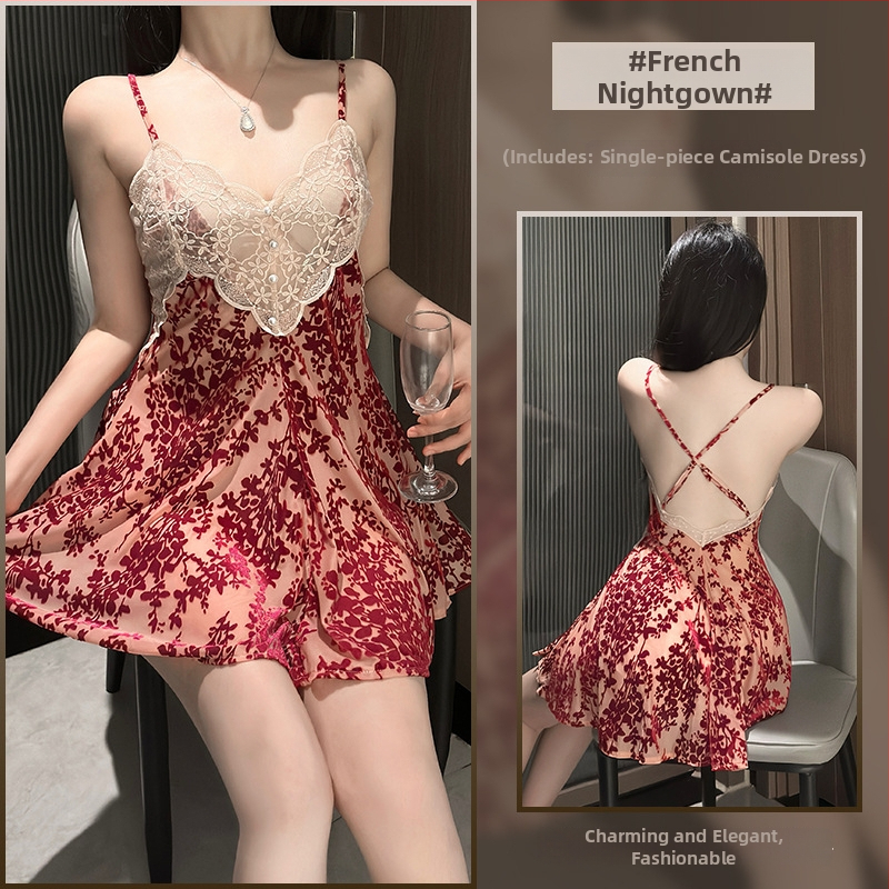 Set camisole noćnog rublja od burnout velura, lagani poliester, V-izrez, bez rukava, prozračno noćno rublje za ljeto, proljeće i jesen