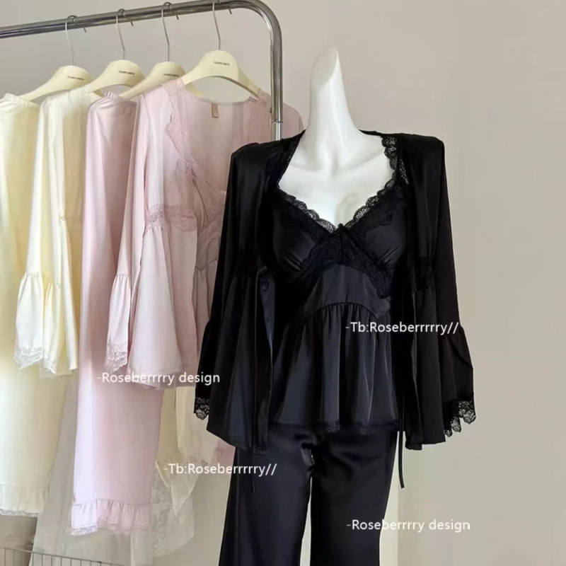Ženske pidžame od ice silk s dugim rukavima, crne, trodijelni set čipke, kućna odjeća s umetkom za poprsje, pogodno za proleće i jesen