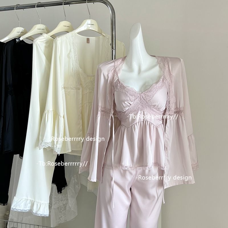 Ženske pidžame od ice silk s dugim rukavima, crne, trodijelni set čipke, kućna odjeća s umetkom za poprsje, pogodno za proleće i jesen