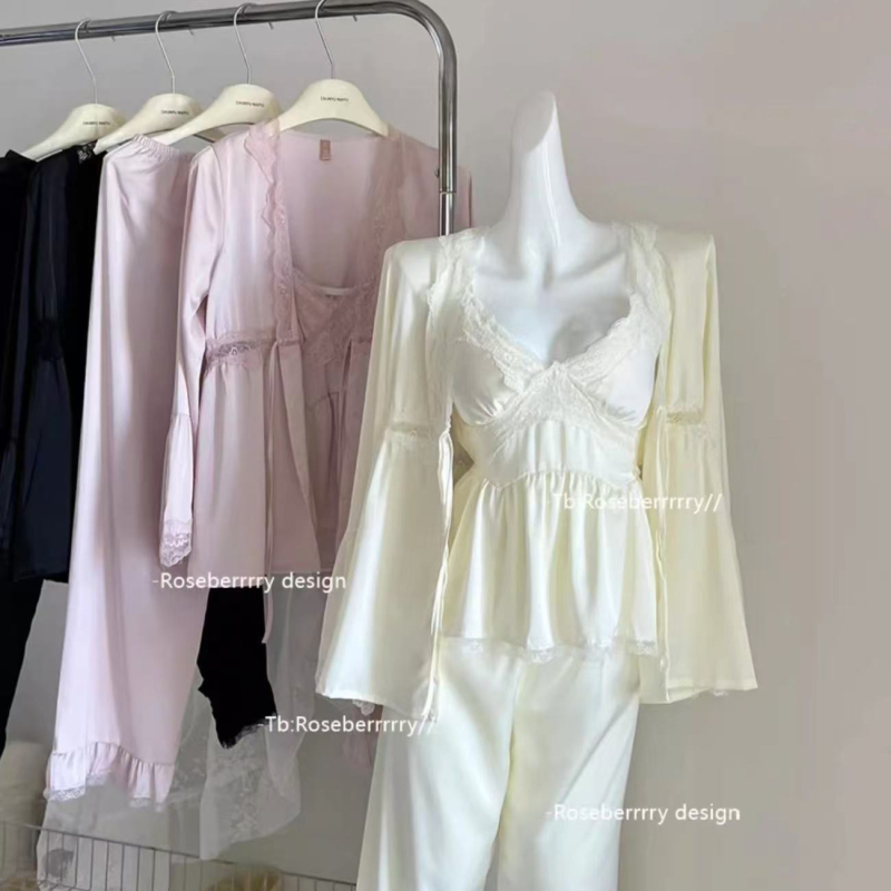 Ženske pidžame od ice silk s dugim rukavima, crne, trodijelni set čipke, kućna odjeća s umetkom za poprsje, pogodno za proleće i jesen
