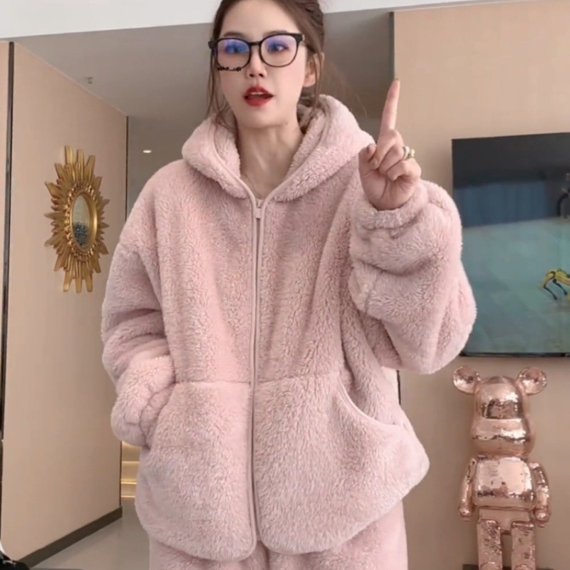 Σετ οικιακής χρήσης με κουκούλα από coral fleece, διπλής όψης, ζεστό και παχύ, δύο τεμάχια: μακρυμάνικο πάνω και παντελόνι, 351-400 g/m2, χειμώνας