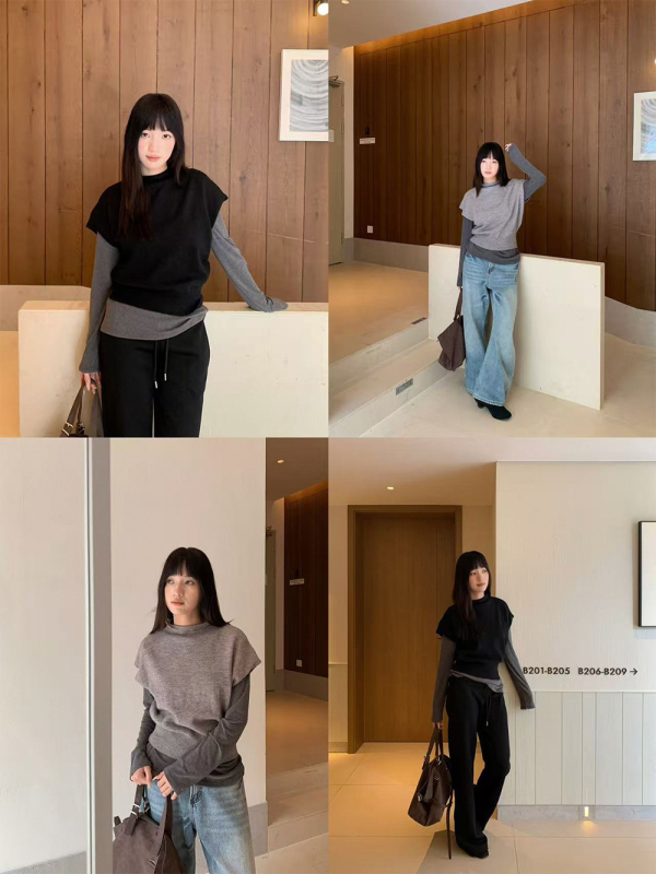 Ženski komplet od pletenog topa – top s polu visokim ovratnikom i kratkim rukavima + dugi rukav T‑shirt, akrilna vlakna 50–70%, casual japansko-korejski stil, zima 2025