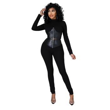 Costum dama pantaloni cu patchwork, mâneci lungi, poliester 90–95%, spandex <30%, stil urban casual, toamnă 2023