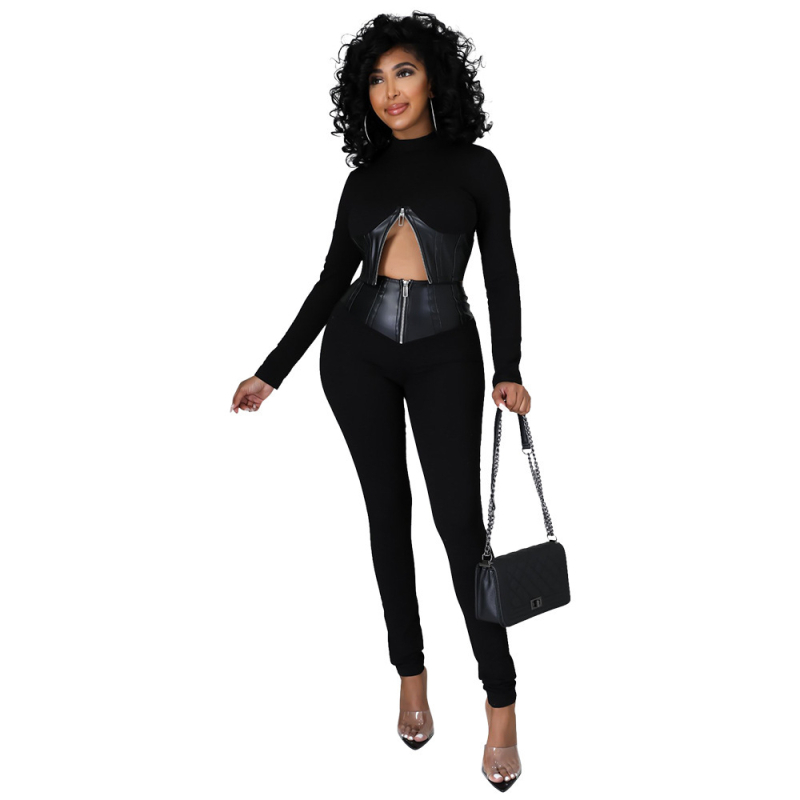 Costum dama pantaloni cu patchwork, mâneci lungi, poliester 90–95%, spandex <30%, stil urban casual, toamnă 2023