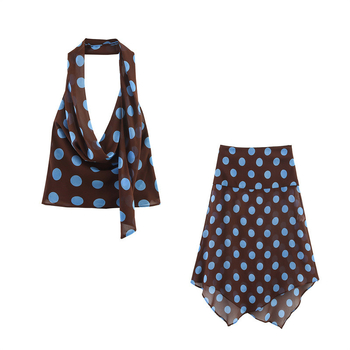 Polka-dot halter top i asimetrična suknja set, poliester, za žene, bez rukava, casual japansko-korejski stil, proljeće 2025