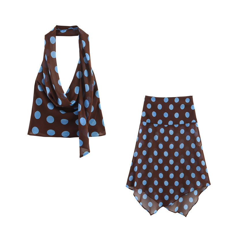 Polka-dot halter top i asimetrična suknja set, poliester, za žene, bez rukava, casual japansko-korejski stil, proljeće 2025