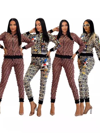 Set pantaloni dama imprimat - sacou cu mâneci lungi și pantaloni, imprimeu litere/cifre/text, poliester, 80-90% poliester, toamnă 2023