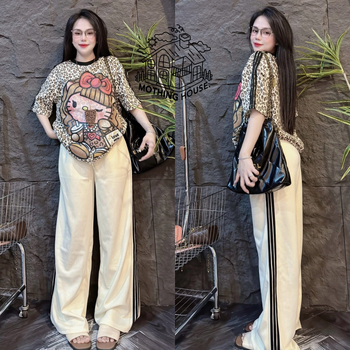 Ženski dvodijelni set: T-shirt top i široke hlače, anime karikatura uzorak, Milk Silk tkanina, poliester 90–95%, ljeto 2025