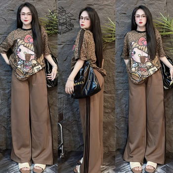 Ženski dvodijelni set: T-shirt top i široke hlače, anime karikatura uzorak, Milk Silk tkanina, poliester 90–95%, ljeto 2025